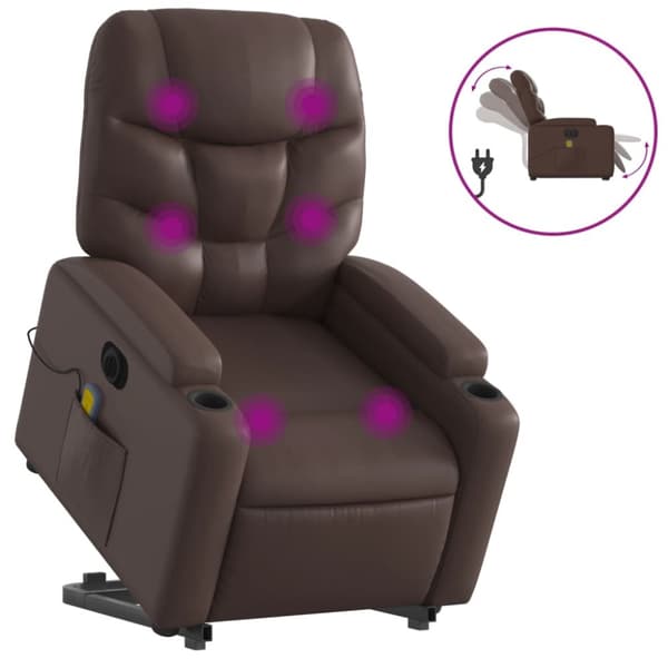Massagefåtölj med uppresningshjälp brun konstläder