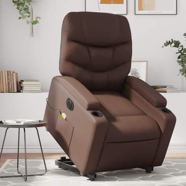 Massagefåtölj med uppresningshjälp brun konstläder