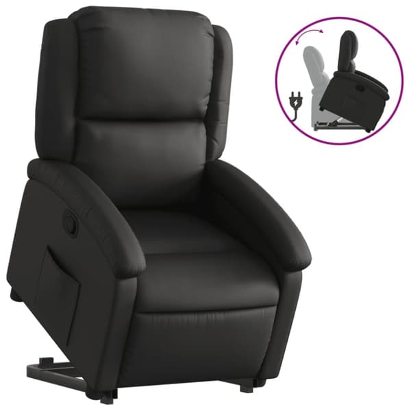 Reclinerfåtölj med uppresningshjälp svart äkta läder