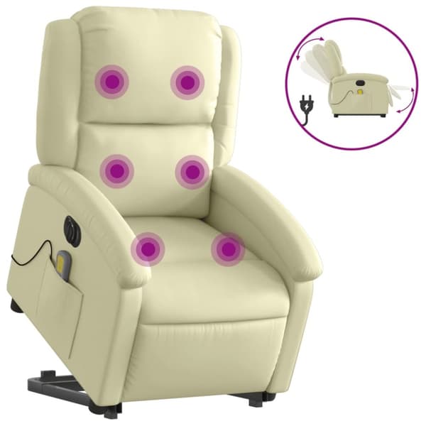 Massagefåtölj med uppresningshjälp gräddvit äkta läder