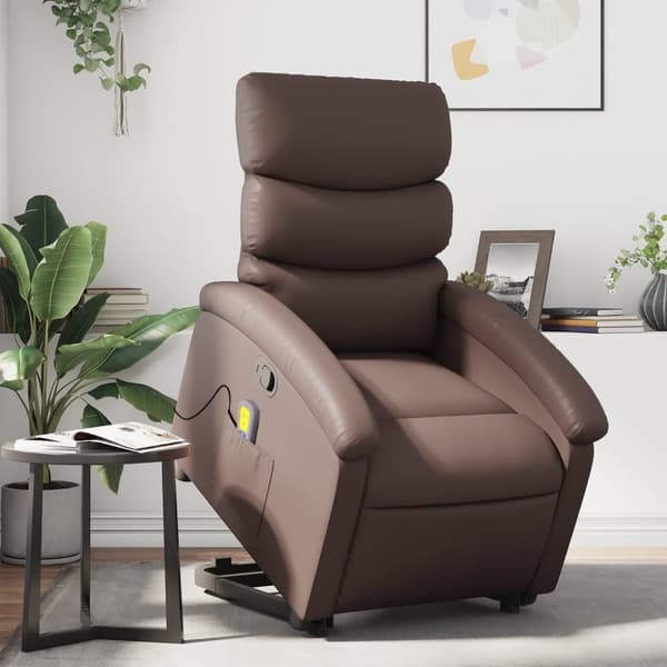 Massagefåtölj med uppresningshjälp brun konstläder