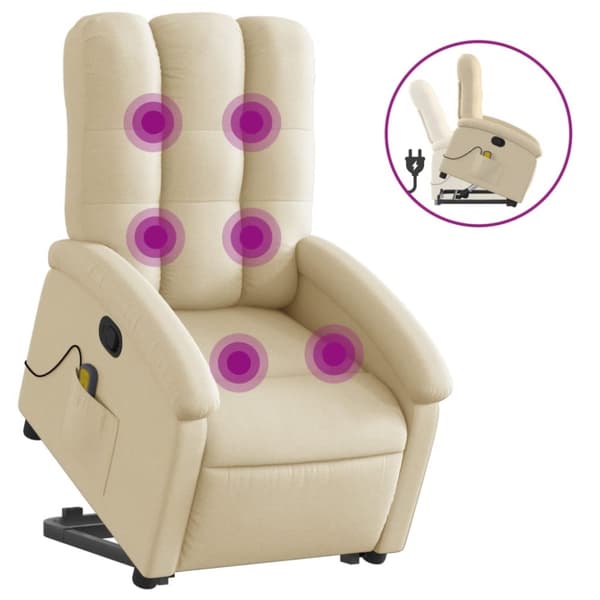 Massagefåtölj med uppresningshjälp gräddvit tyg
