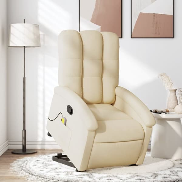 Massagefåtölj med uppresningshjälp gräddvit tyg
