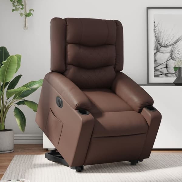 Reclinerfåtölj med uppresningshjälp brun konstläder
