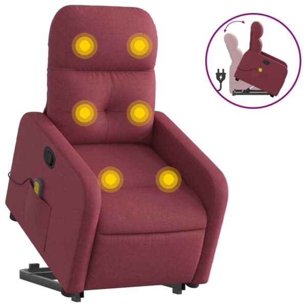 Massagefåtölj med uppresningshjälp vinröd tyg