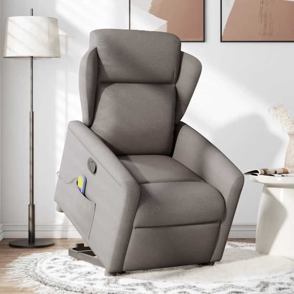 Massagefåtölj med uppresningshjälp taupe tyg