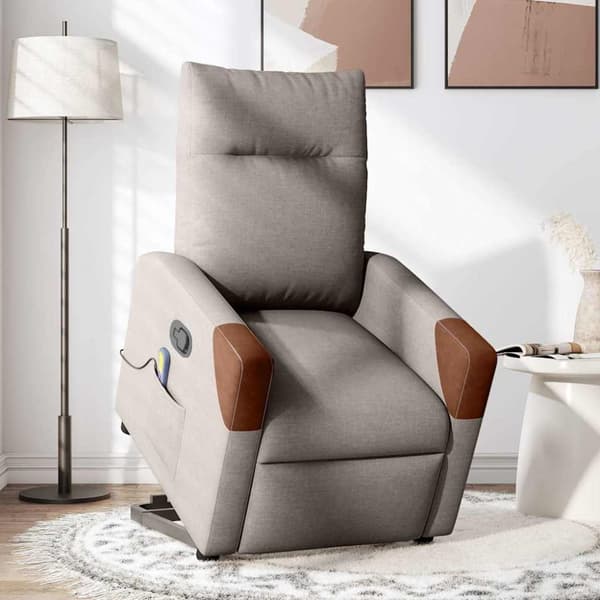 Massagefåtölj med uppresningshjälp taupe tyg