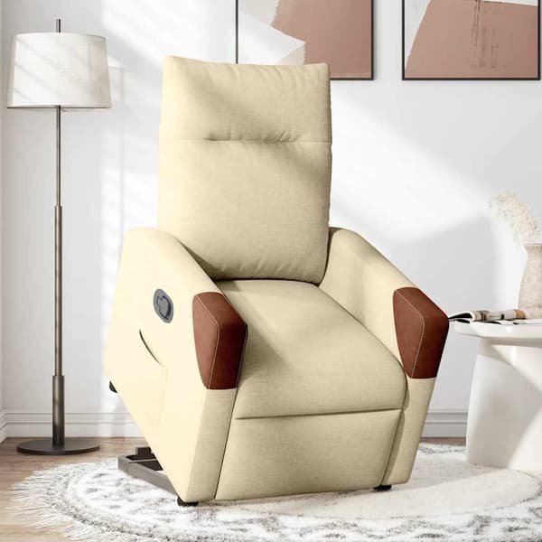 Reclinerfåtölj med uppresningshjälp gräddvit tyg