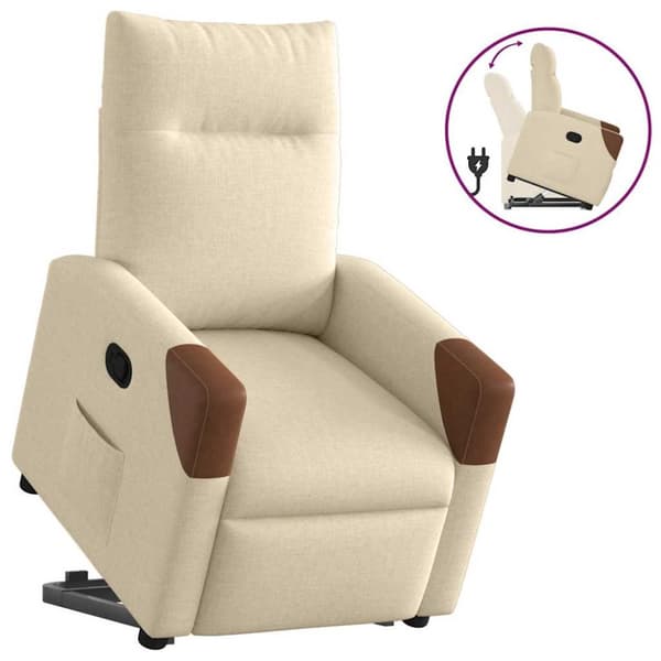 Reclinerfåtölj med uppresningshjälp gräddvit tyg