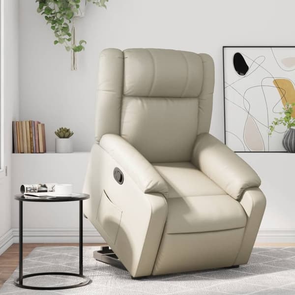 Reclinerfåtölj med uppresningshjälp gräddvit konstläder