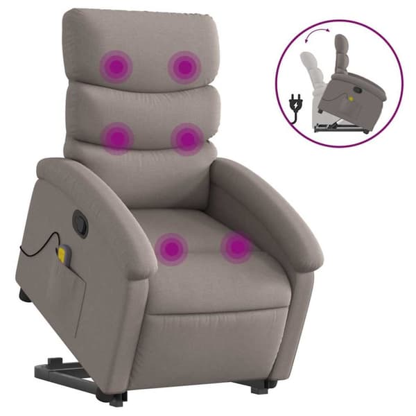 Massagefåtölj med uppresningshjälp taupe tyg