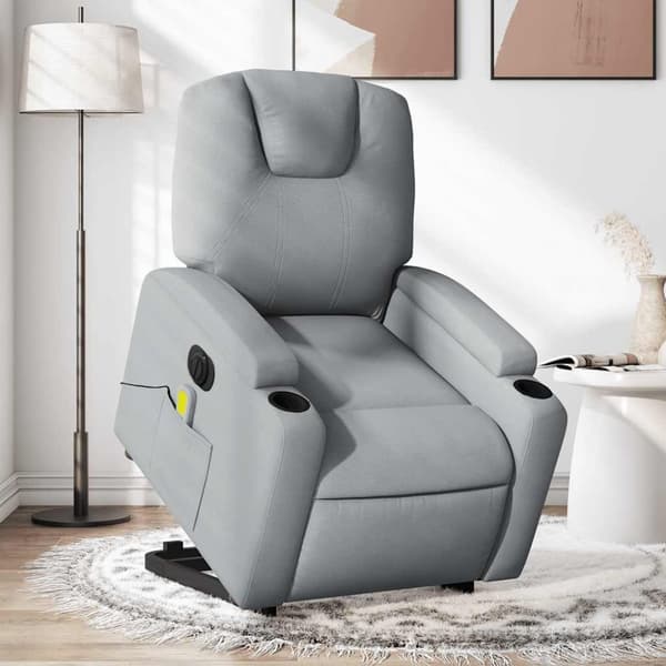 Elektrisk massagefåtölj med uppresningshjälp ljusgrå tyg