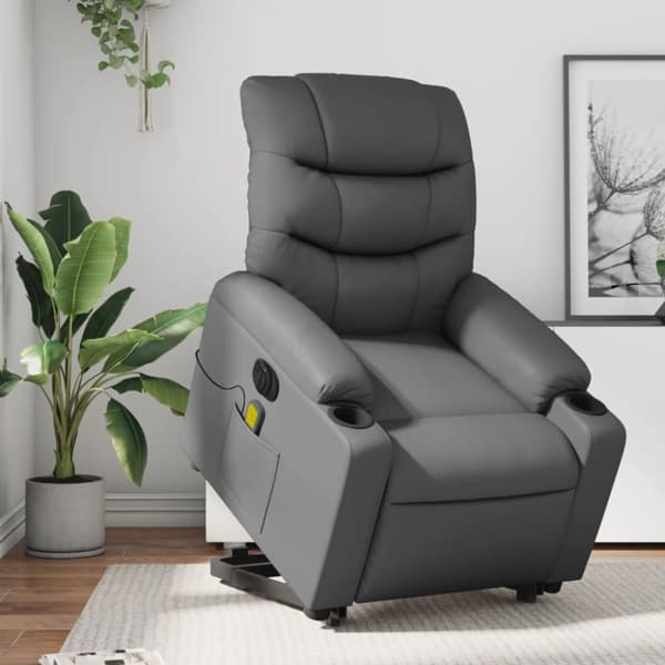 Massagefåtölj med uppresningshjälp grå konstläder