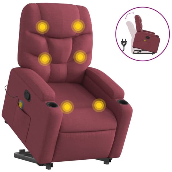 Massagefåtölj med uppresningshjälp vinröd tyg