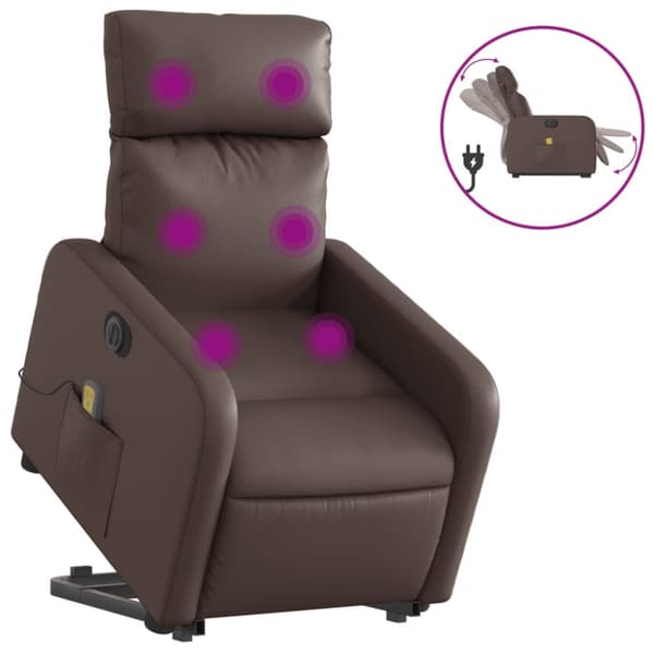 Massagefåtölj med uppresningshjälp brun konstläder