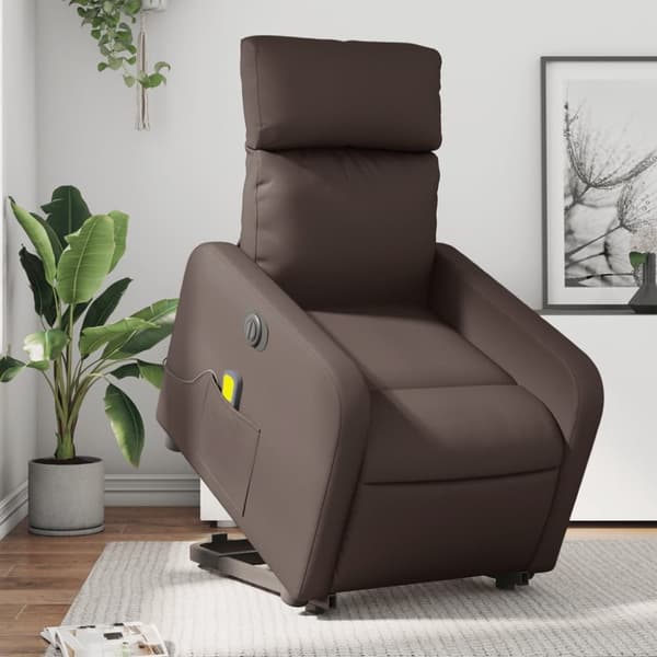Massagefåtölj med uppresningshjälp brun konstläder
