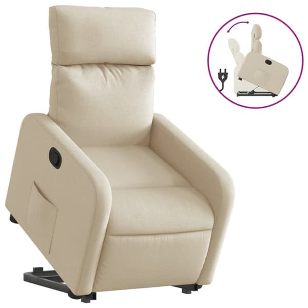 Reclinerfåtölj med uppresningshjälp gräddvit tyg