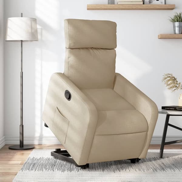 Reclinerfåtölj med uppresningshjälp gräddvit tyg