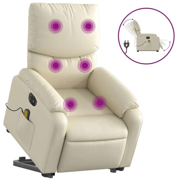 Massagefåtölj med uppresningshjälp gräddvit konstläder