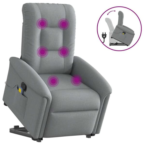 Massagefåtölj med uppresningshjälp ljusgrå tyg