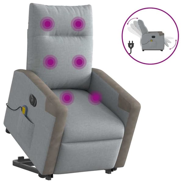 Elektrisk massagefåtölj med uppresningshjälp ljusgrå tyg