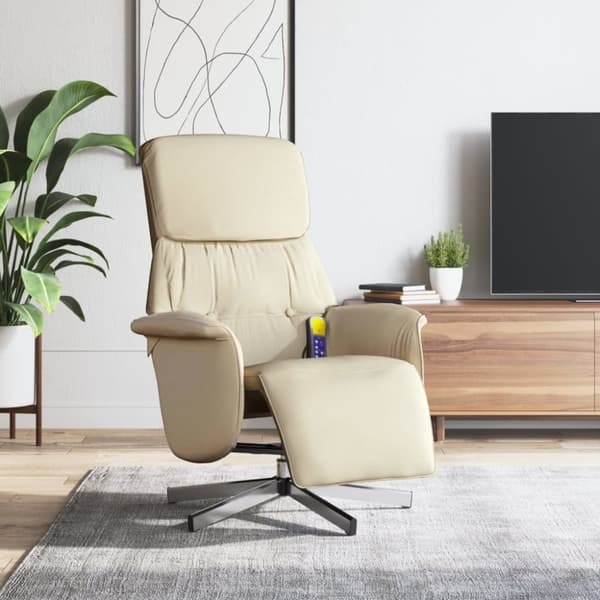 Massagefåtölj med fotstöd gräddvit tyg