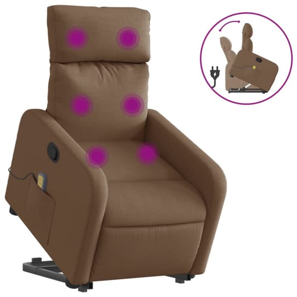 Massagefåtölj med uppresningshjälp brun tyg