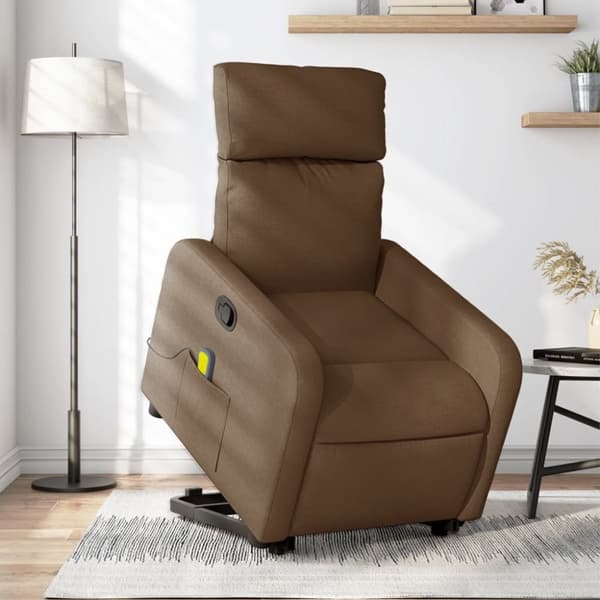 Massagefåtölj med uppresningshjälp brun tyg