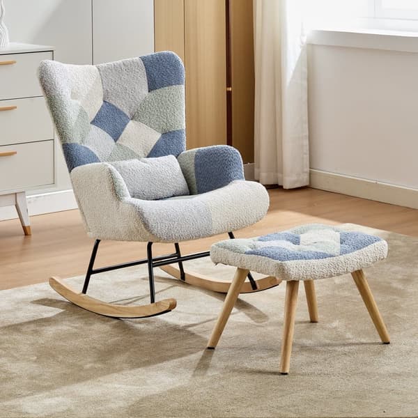 Gungfåtölj med fotpall, modern tygfåtölj, klädd bäddsoffa för vardagsrum, sovrum