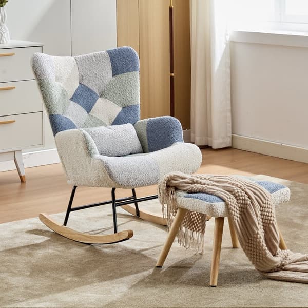 Gungfåtölj med fotpall, modern tygfåtölj, klädd bäddsoffa för vardagsrum, sovrum