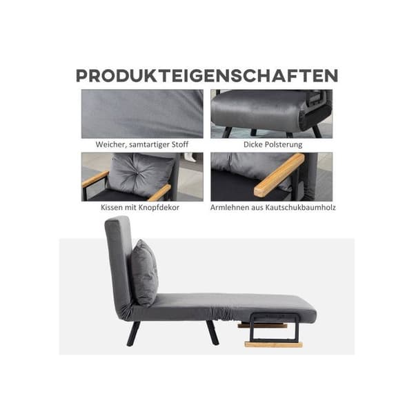 HOMCOM Fåtölj-säng Enkelsoffa med sängfunktion, avkopplingsfåtölj med justerbart ryggstöd, sammetutseende, mörkgrå
