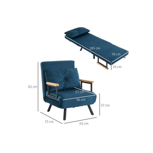 HOMCOM Sängsoffa Recliner Fällsäng Säng för gäster Sammet Ryggkudde Justerbart ryggstöd Blå 63x73x81cm
