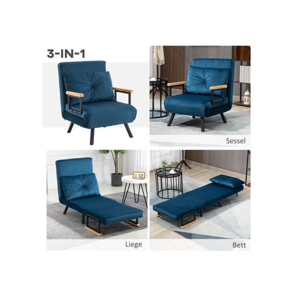 HOMCOM Sängsoffa Recliner Fällsäng Säng för gäster Sammet Ryggkudde Justerbart ryggstöd Blå 63x73x81cm