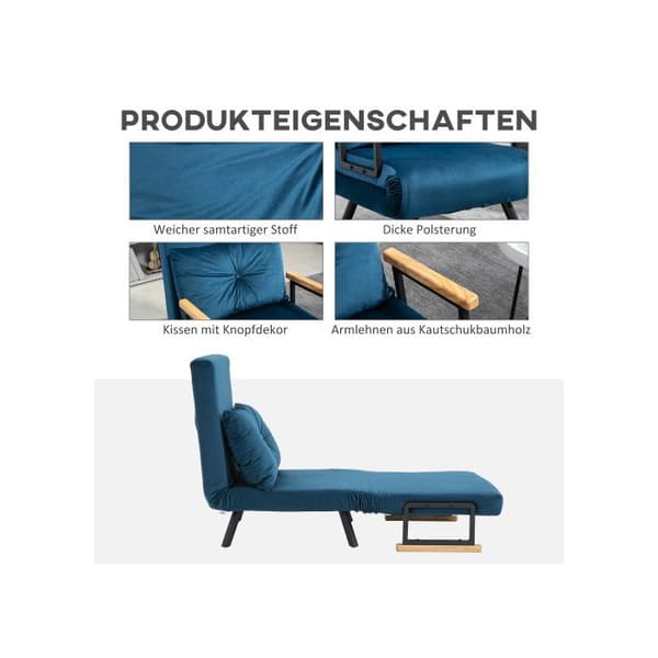 HOMCOM Sängsoffa Recliner Fällsäng Säng för gäster Sammet Ryggkudde Justerbart ryggstöd Blå 63x73x81cm