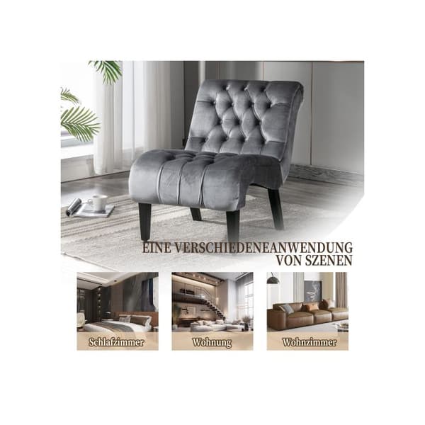 Modern velvet lounge chair/lounge chair, tufted upholstered chair with comfortable wooden legs (silver gray)