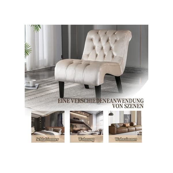 Modern velour chaise longue/chaise longue, knappad stol i stoppat tyg med bekväma träben (beige)