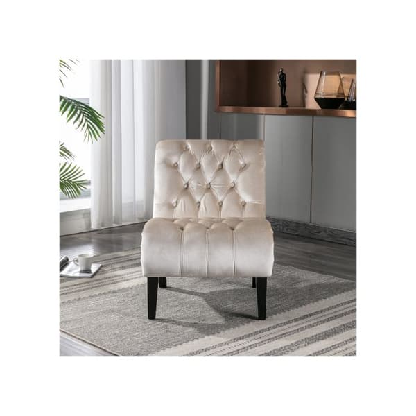 Modern velour chaise longue/chaise longue, knappad stol i stoppat tyg med bekväma träben (beige)