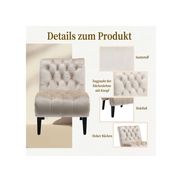 Modern velour chaise longue/chaise longue, knappad stol i stoppat tyg med bekväma träben (beige)