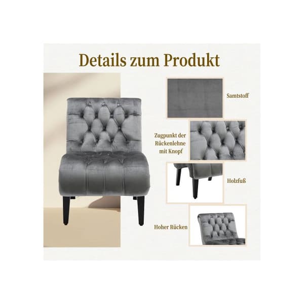 Modern velvet lounge chair/lounge chair, tufted upholstered chair with comfortable wooden legs (silver gray)
