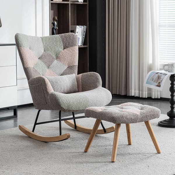 Moderne design farverig gyngestol med 1 fodstøtte og 1 lændehynde, robust gummitræstel, chaiselong