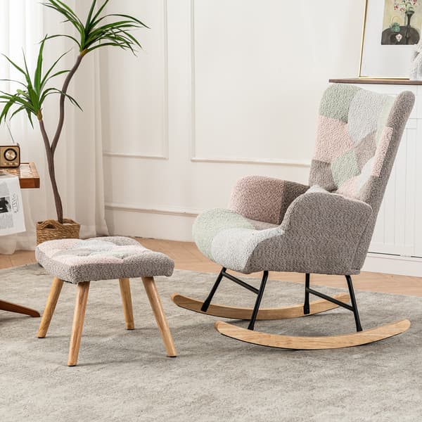Moderne design farverig gyngestol med 1 fodstøtte og 1 lændehynde, robust gummitræstel, chaiselong