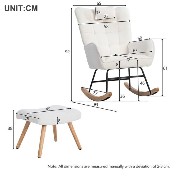 Ergonomisk designet hvid gyngestol inklusive 1 pude og 1 skammel, robust gummibase, 250 pund kapacitet