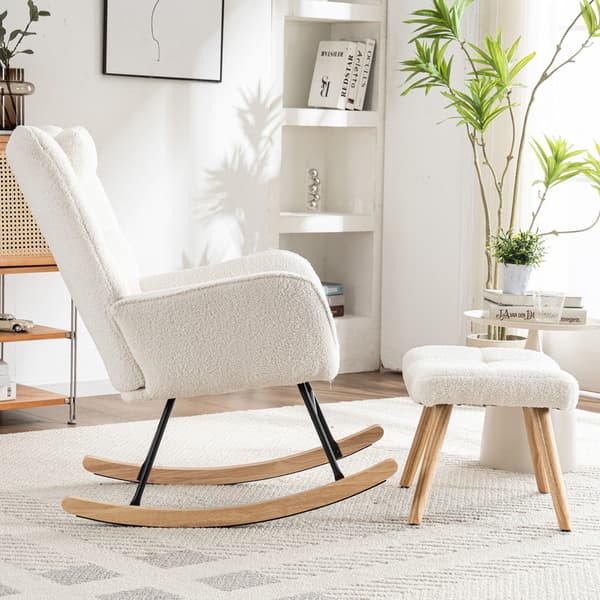 Ergonomisk designet hvid gyngestol inklusive 1 pude og 1 skammel, robust gummibase, 250 pund kapacitet
