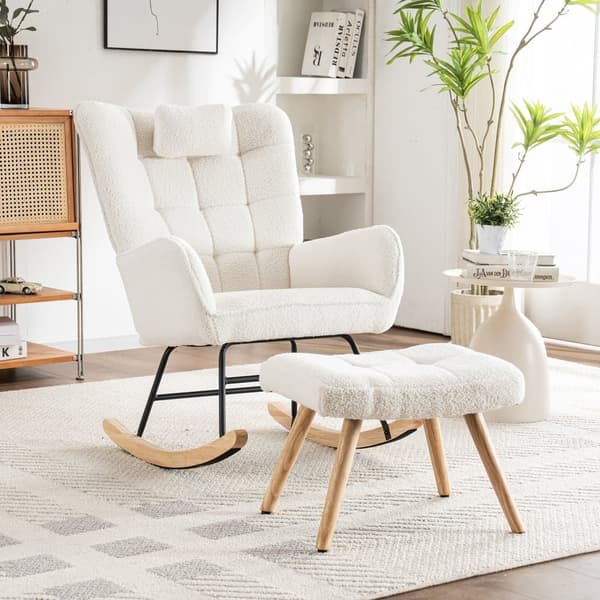 Ergonomisk designet hvid gyngestol inklusive 1 pude og 1 skammel, robust gummibase, 250 pund kapacitet