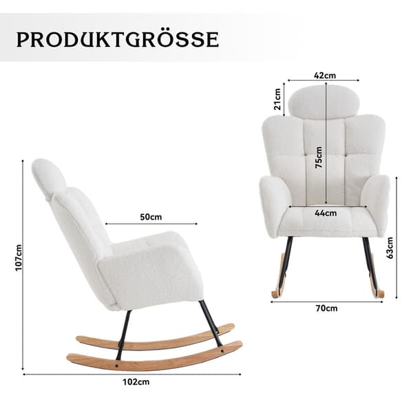 Hvid gyngestol i moderne design med blødt bamsestof, tuftede og polstrede sæder i stuen og soveværelset