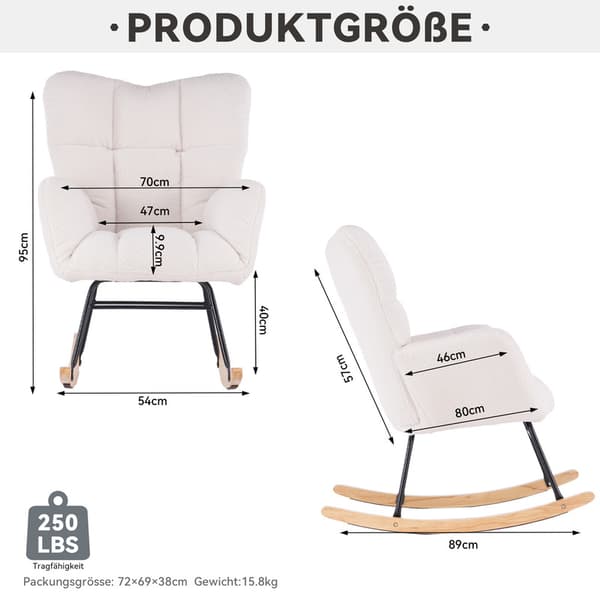 Hvid gyngestol i teddystof med minimalistisk design med tuftet betræk, polstrede sæder i stuen og soveværelset