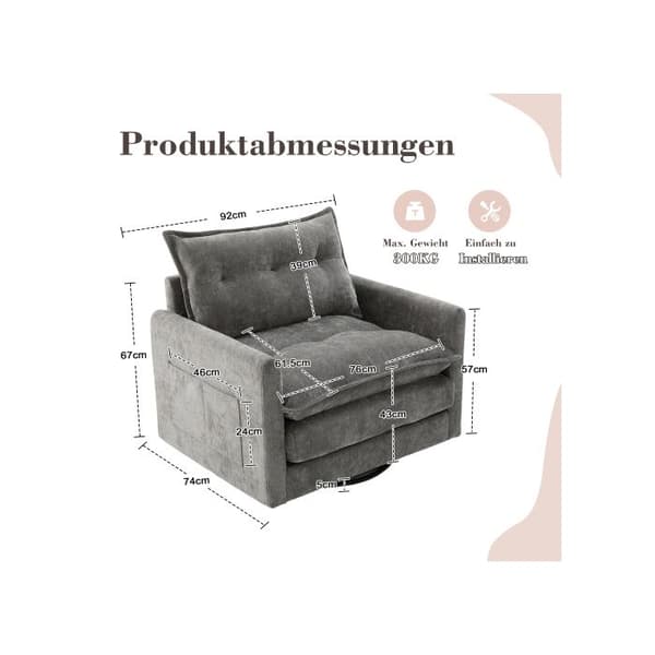 Svepbar fåtölj med 360° vridning och armstöd, modern stilfåtölj med kuddar, perfekt för att koppla av och ta emot gäster.