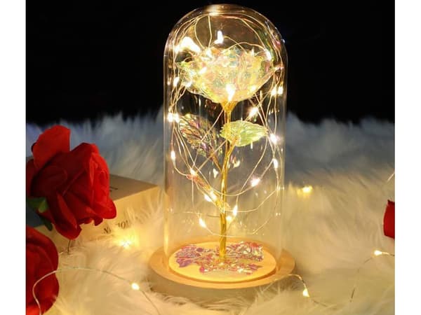 Luksuriøs evig rose i glass med LED-lys