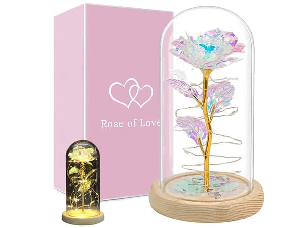 Luksuriøs evig rose i glass med LED-lys