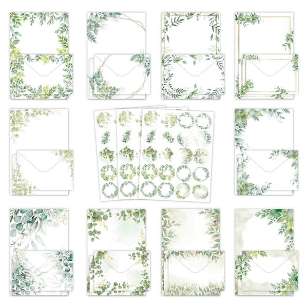 Brevpapper och kuvert med lövdesign – 50 set + klistermärken